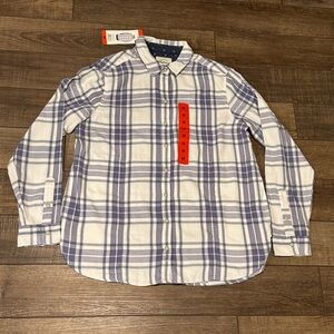 Jachs Girlfriend Shirt Adult MED Purple Plaid Long Sleeve Pockets Tunic Womens